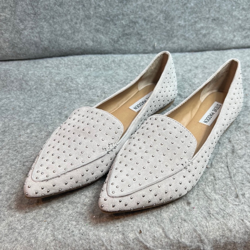 Steve Madden Feather-S Studded Pointed Toe Loafers Grey Suede Flats Size 8